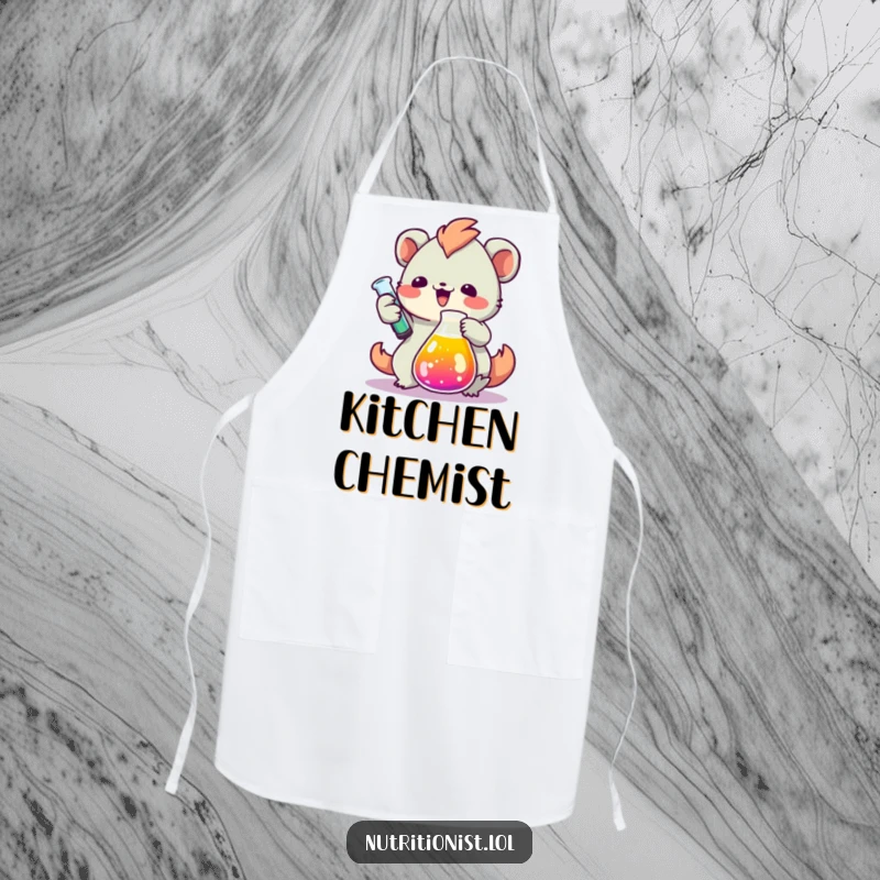 Funny apron depicting a creature enthusiastically measuring colorful liquid in a beaker, designed for kitchen protection with a humorous scientific theme.