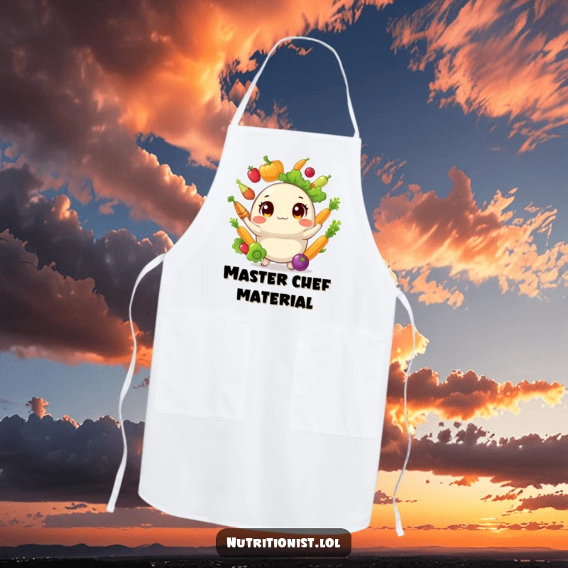 Funny apron depicting a round creature juggling healthy vegetables with a determined yet comical expression, ready for kitchen fun and mess protection.