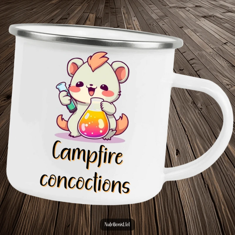 Funny camping mug with a creature enthusiastically measuring colorful liquid in a beaker, designed for outdoor use with a humorous scientific theme.