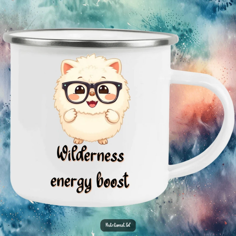 Funny camping mug with a fluffy creature, grinning widely and holding a glowing supplement, designed for outdoor use with a humorous, health-conscious theme.