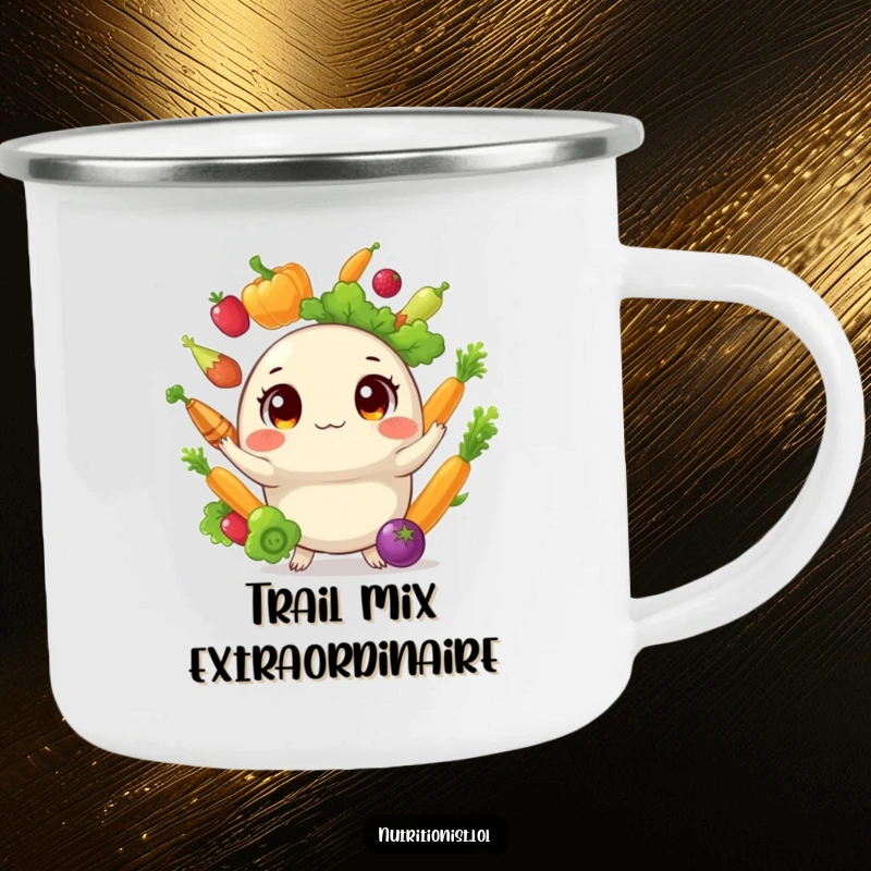 Funny camping mug showing a round creature with wide eyes, juggling healthy vegetables, designed for adventurers who appreciate humor and durability in their gear.