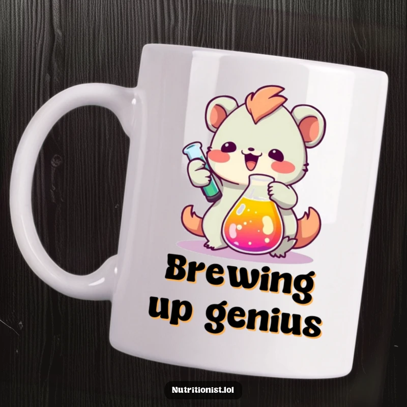Funny mug featuring an enthusiastic creature diligently measuring a vibrant, colorful liquid in a laboratory beaker with a focused, joyful expression.