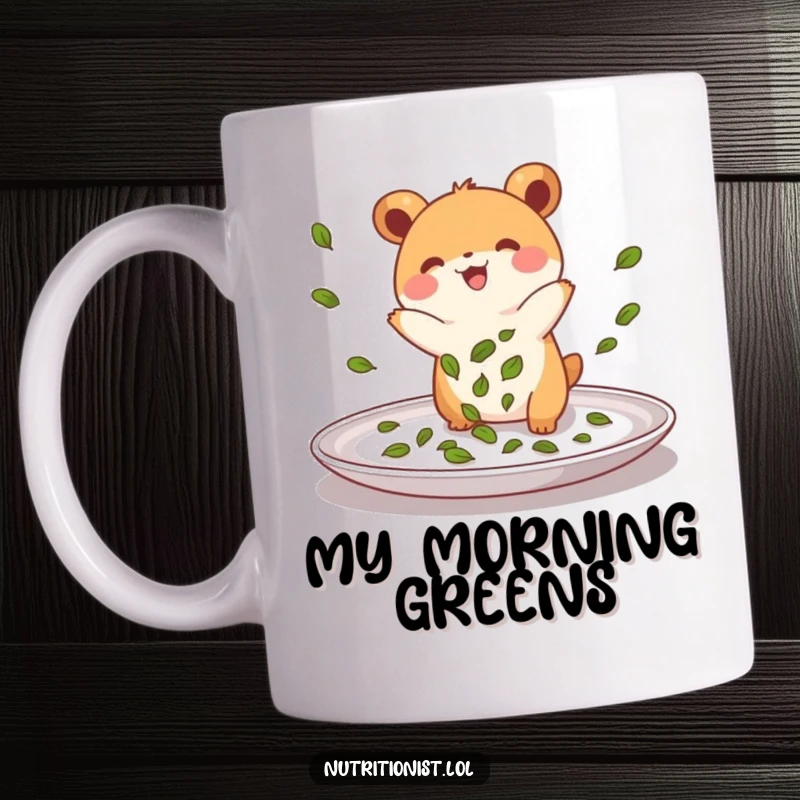 Funny mug showing a small, energetic creature joyfully sprinkling green leaves onto a plate with a happy, focused expression, ready to serve.