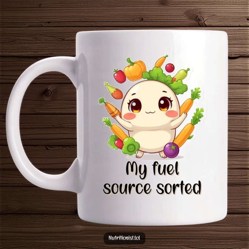 Funny mug showing a wide-eyed, round creature hilariously juggling colorful, healthy vegetables with a playful and energetic expression.