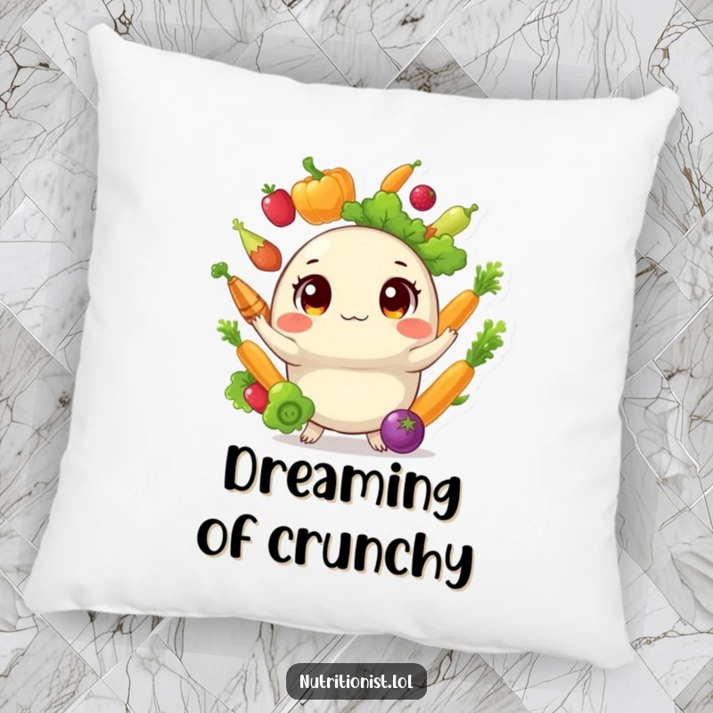 Funny pillow featuring a round creature with expressive wide eyes, enthusiastically juggling an array of vibrant, healthy vegetables, perfect for adding humor to any space.