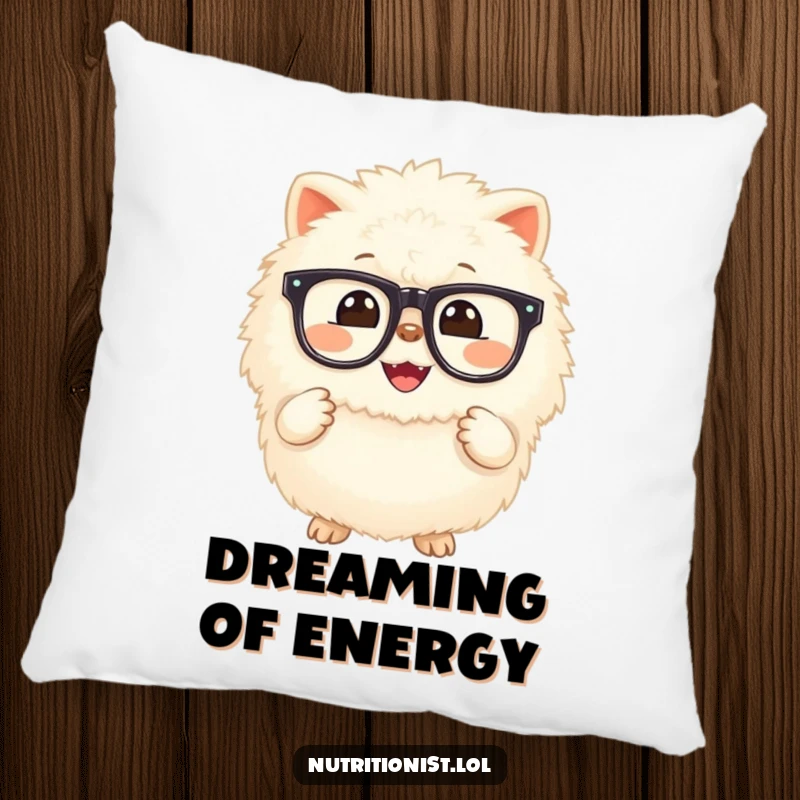 Funny pillow showcasing a fluffy, smiling creature holding a small, luminous supplement, perfect for adding comfort and a humorous health message to any seating area.