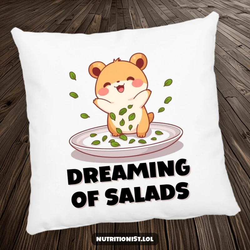 Funny pillow featuring a small, energetic creature joyfully sprinkling green leaves onto a plate, perfect for adding comfort and culinary humor to any room.