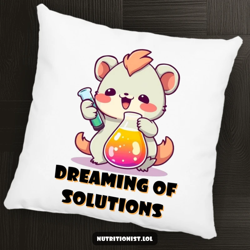 Funny pillow featuring a creature enthusiastically measuring colorful liquid in a beaker, designed for comfort and bringing a humorous scientific touch to any room.