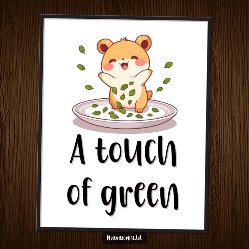 Funny digital art print of a small, energetic creature joyfully sprinkling green leaves onto a plate, perfect for instant download and vibrant display.