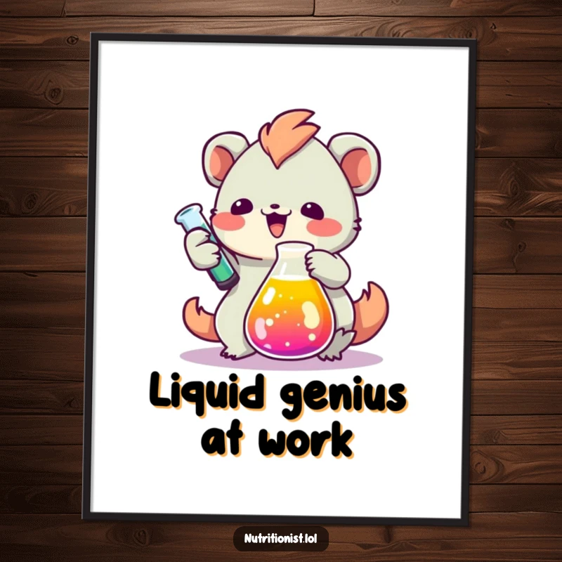 Funny digital art print of a creature with great enthusiasm measuring colorful liquid in a beaker, perfect for instant download and vibrant display.