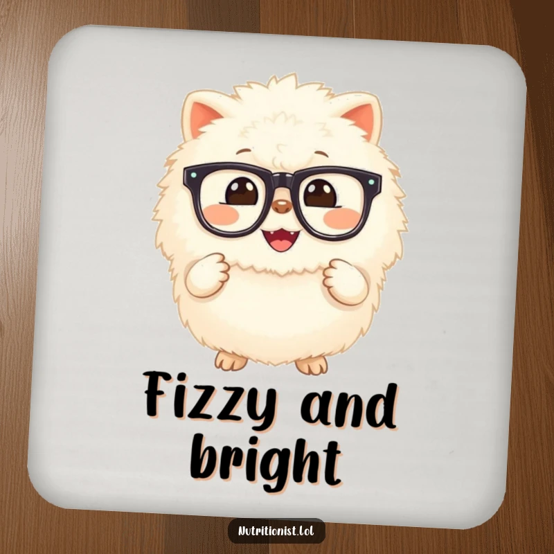Funny drink coasters featuring a fluffy creature with a cheerful grin, holding a small, glowing supplement, perfect for adding a humorous health touch to any table.