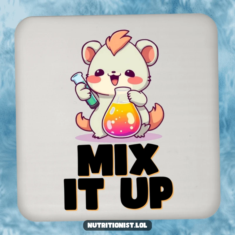 Funny drink coasters featuring a creature enthusiastically measuring colorful liquid in a beaker, perfect for adding a humorous scientific touch to any table.