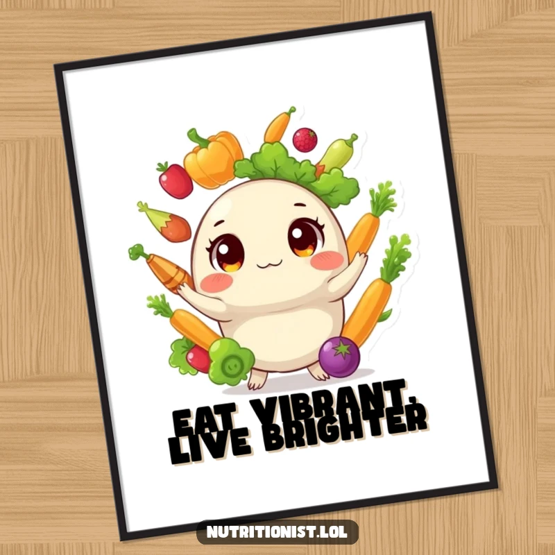 Funny poster displaying a round, energetic creature with wide eyes, skillfully juggling a colorful assortment of healthy vegetables in a dynamic and amusing pose.