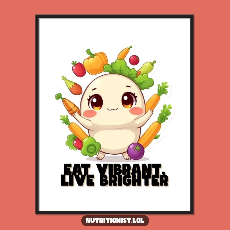 Funny Veggie Juggler Poster: Vibrant Art of a Creature Juggling for Your Wall
