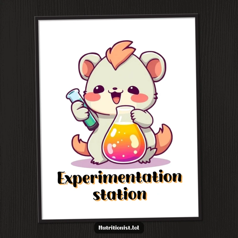 Funny poster artwork of a creature with great enthusiasm measuring a brightly colored liquid in a beaker, capturing the excitement of scientific discovery.