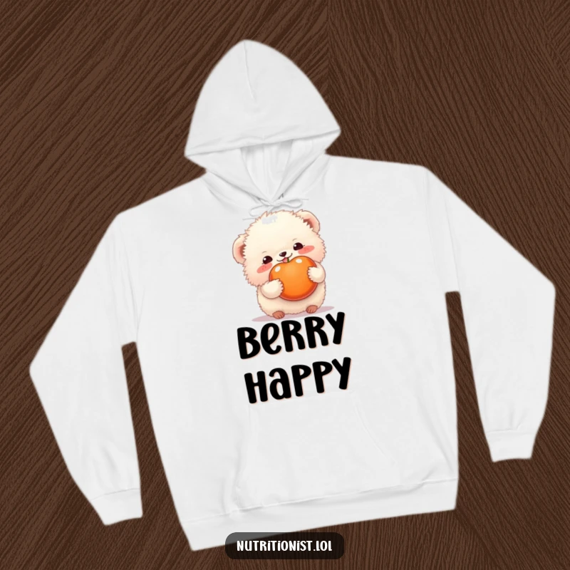Funny hoodie featuring a fluffy creature happily holding a ripe fruit, embodying cozy contentment and sweet delight, an excellent funny gift.