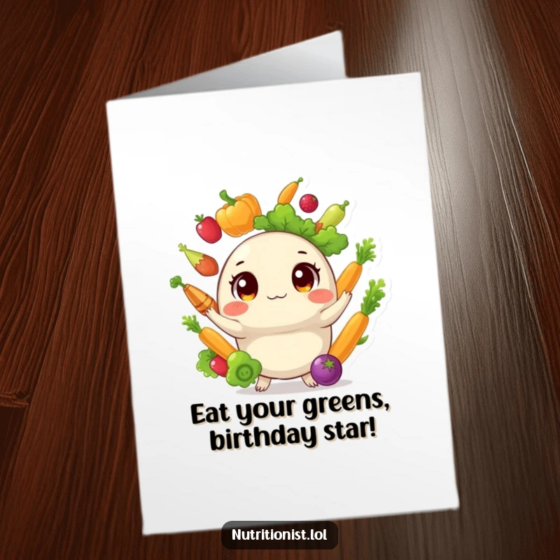 Funny Free Printable Birthday Card: Wide-eyed round creature comically juggling colorful healthy vegetables, a hilarious DIY gift.