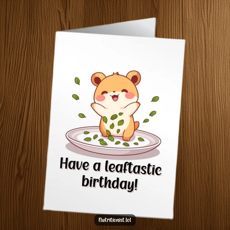Funny Free Printable Birthday Card: Energetic creature joyfully sprinkling green leaves onto a plate for a birthday treat.