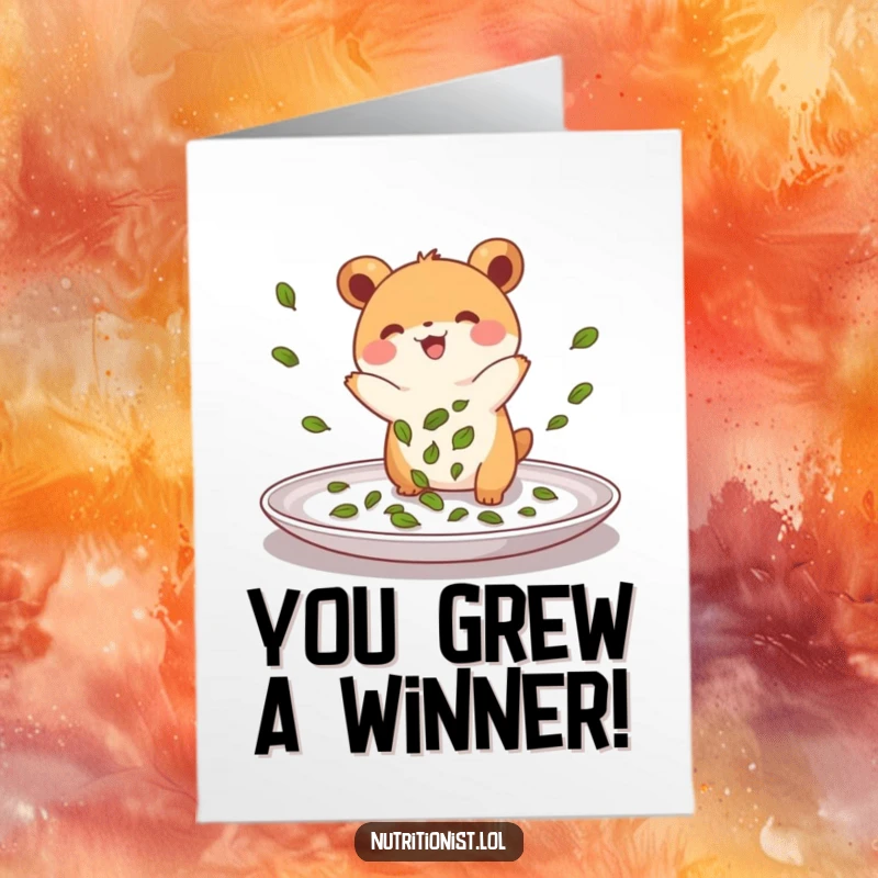 Funny Free Printable Congratulations Card: Small energetic creature joyfully sprinkling green leaves onto a plate, celebrating achievement.