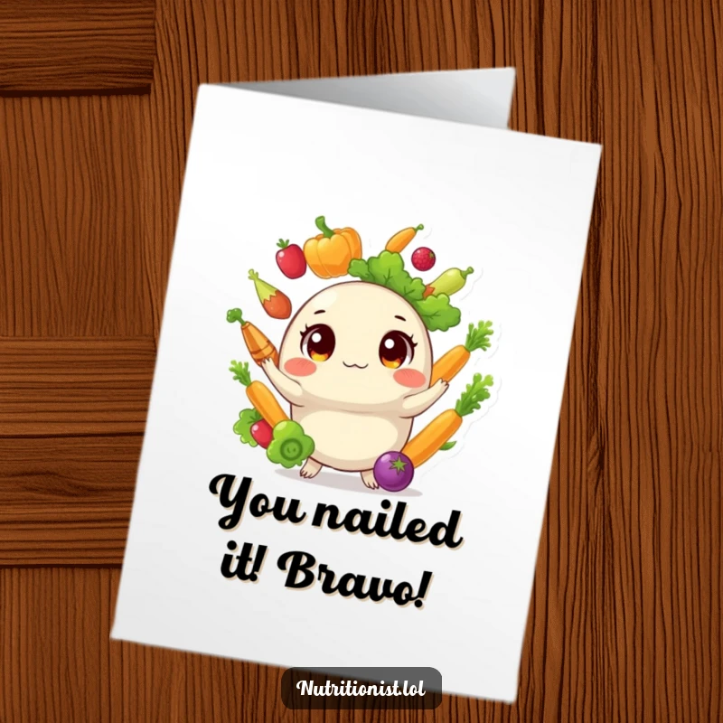 Funny Free Printable Congratulations Card: Round creature with wide eyes juggling vibrant vegetables, celebrating success with humor.