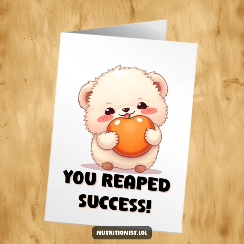 Funny Free Printable Congratulations Card of a fluffy creature holding ripe fruit, a delightful downloadable.