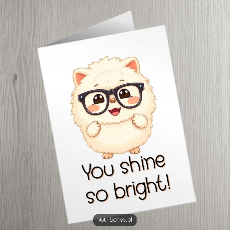 Funny Free Printable Congratulations Card: Fluffy creature with a cheerful grin holding a glowing supplement, celebrating success.