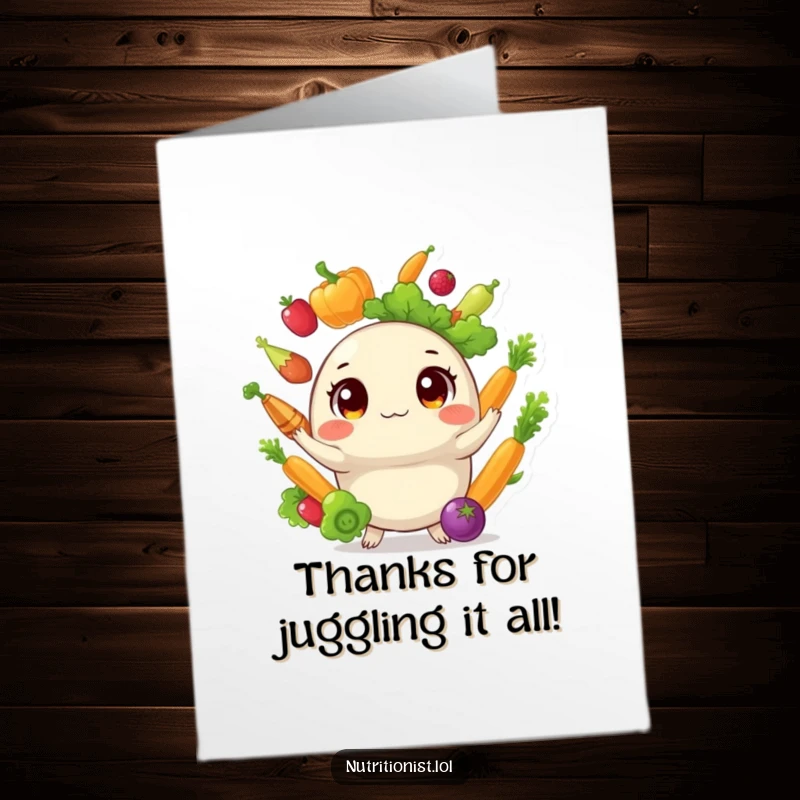 Funny Free Printable Thank You Card: Round creature juggling healthy vegetables, expressing gratitude in a humorous way.