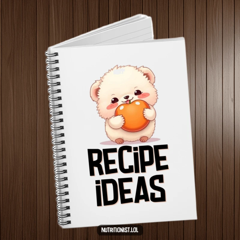 Funny notebook with a happy fluffy creature holding a piece of fruit, perfect for jotting down ideas with sweetness, a creative funny gift.