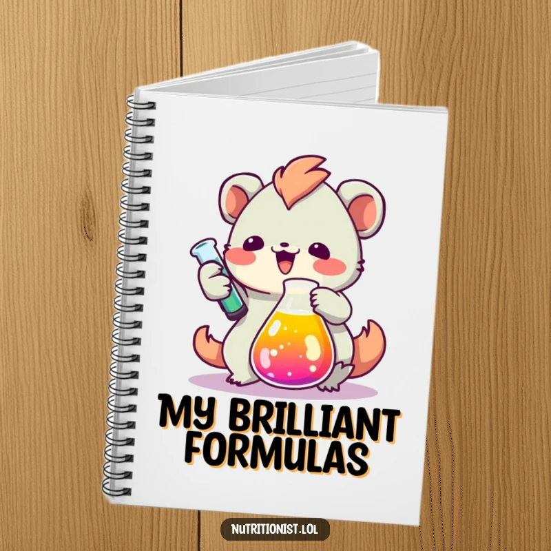 Funny notebook cover art showing a creature enthusiastically measuring colorful liquid in a beaker, perfect for jotting down notes and scientific observations.