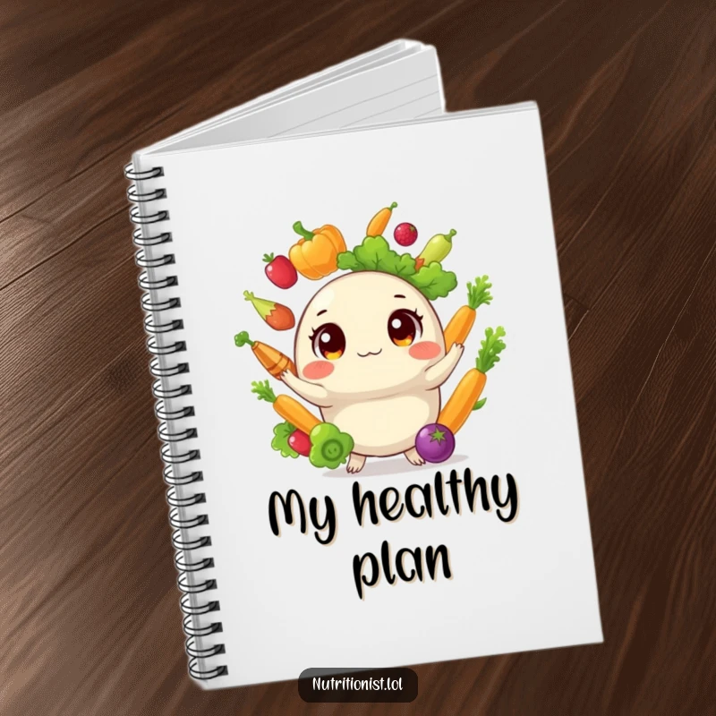 Funny notebook cover art showing a round creature with wide eyes, energetically juggling a vibrant mix of healthy vegetables, ideal for notes and doodles.