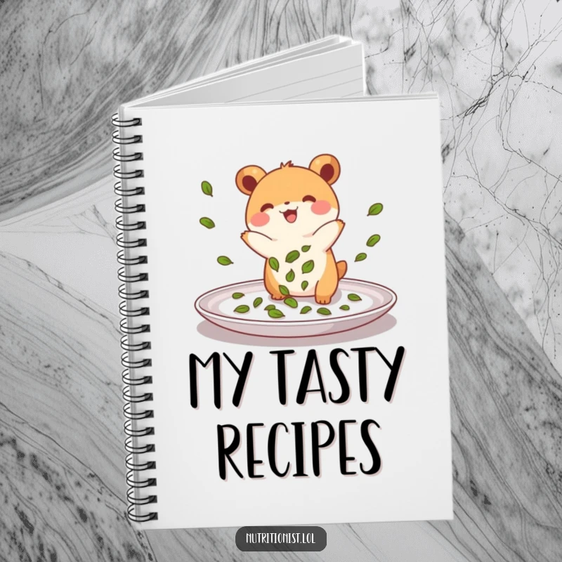 Funny notebook cover art showing a small, energetic creature joyfully sprinkling green leaves onto a plate, perfect for jotting down recipes and culinary thoughts.