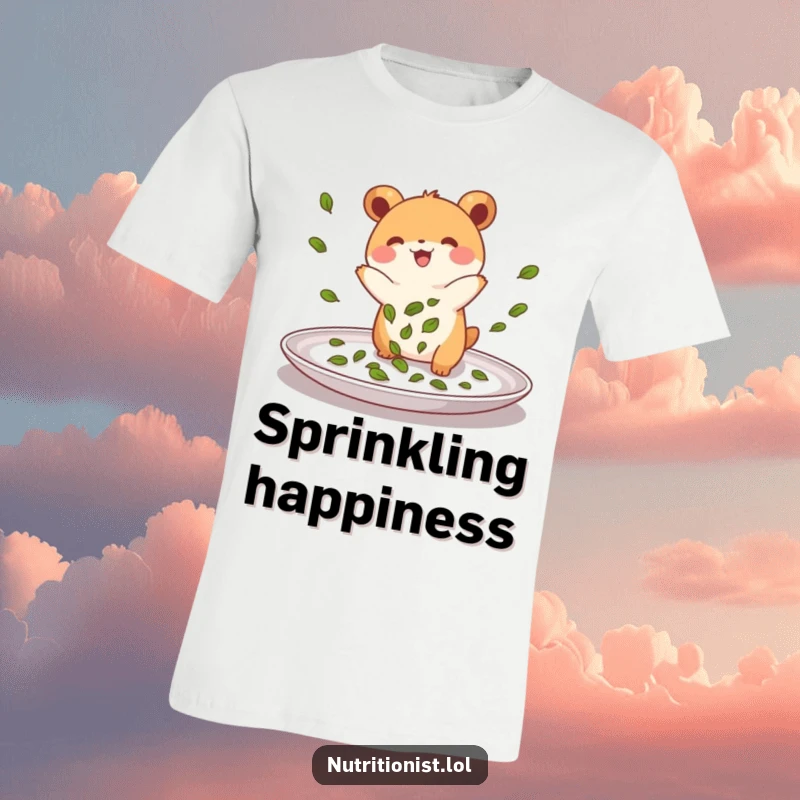 Funny t-shirt depicting a small, energetic creature joyfully sprinkling green leaves onto a plate, embodying culinary enthusiasm and playful presentation.