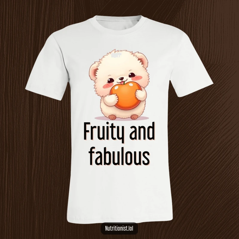 Funny t-shirt depicting a fluffy creature happily holding a piece of colorful fruit, full of joy and fruity goodness, a great funny gift.