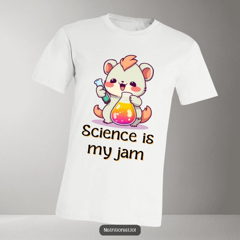 Funny t-shirt depicting a creature with great enthusiasm measuring a brightly colored liquid in a beaker, embodying scientific curiosity and humor.
