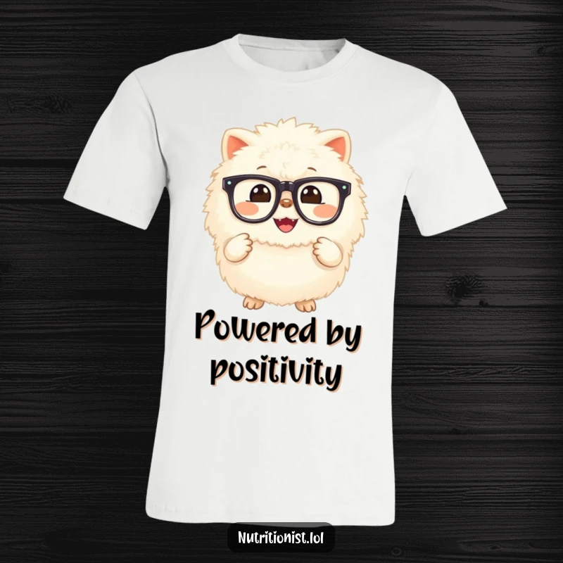 Funny t-shirt showcasing a fluffy, grinning creature holding a small, luminous supplement, symbolizing health and happiness in a cute, humorous design.