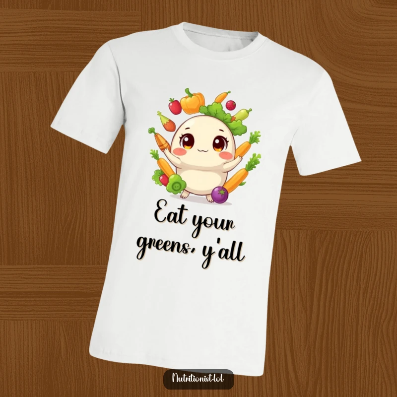 Funny t-shirt featuring a round, wide-eyed creature in motion, skillfully juggling a variety of fresh, vibrant vegetables with a joyful demeanor.