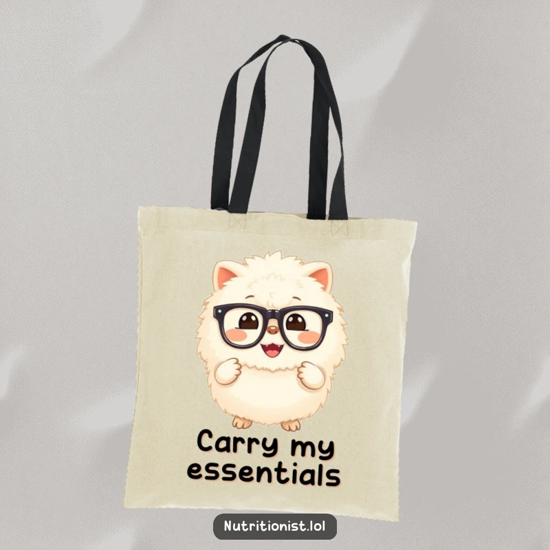 Funny tote bag with a fluffy creature, grinning widely and holding a small, glowing supplement, perfect for carrying essentials with a healthy dose of humor.