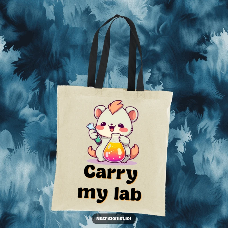 Funny tote bag with a creature enthusiastically measuring colorful liquid in a beaker, ideal for carrying books and supplies with a humorous, scientific twist.