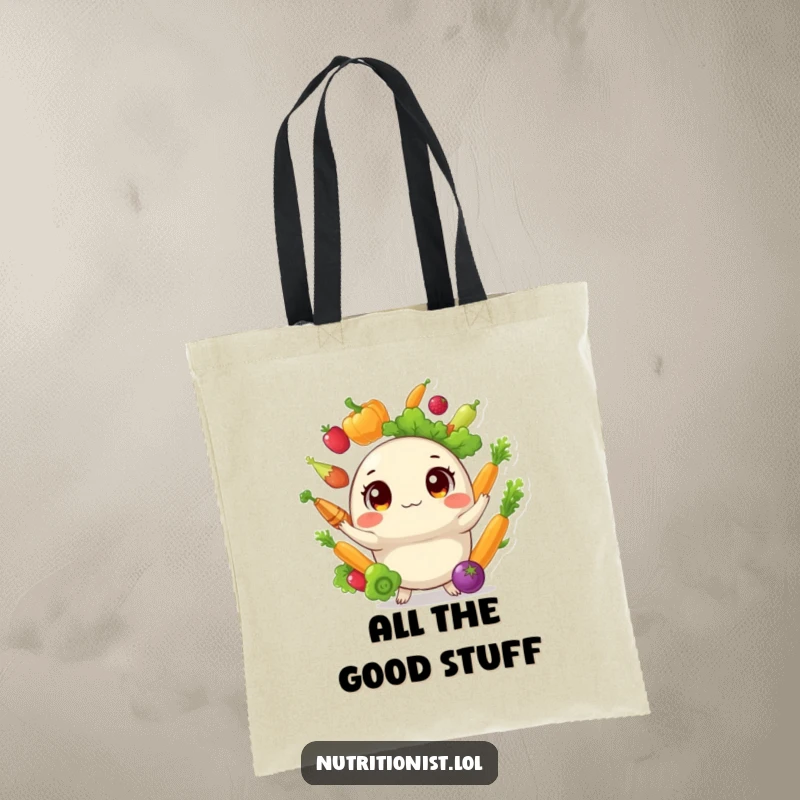 Funny tote bag showcasing a round creature with wide eyes, expertly juggling colorful and healthy vegetables, perfect for carrying groceries with style and humor.
