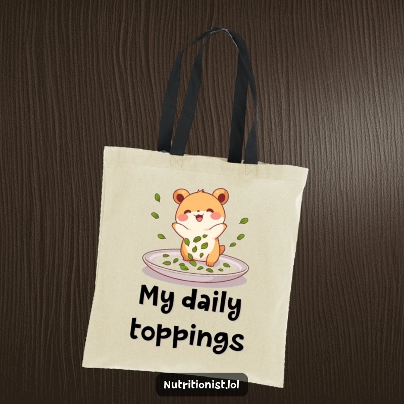 Funny tote bag with a small, energetic creature joyfully sprinkling green leaves onto a plate, ideal for grocery shopping with a humorous culinary touch.
